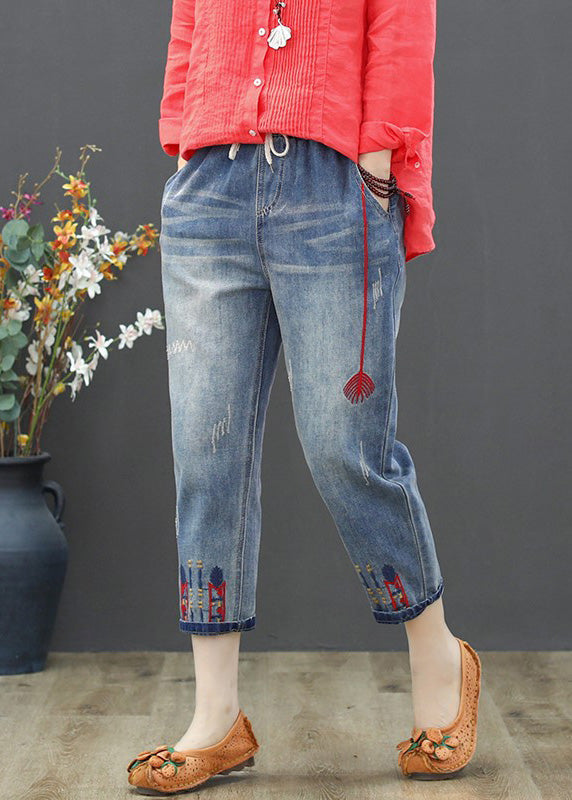 Vintage Light Blue Embroidered Tie Waist Crop Jeans Summer
