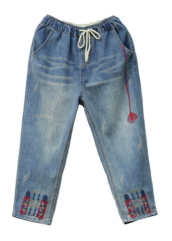 Vintage Light Blue Embroidered Tie Waist Crop Jeans Summer