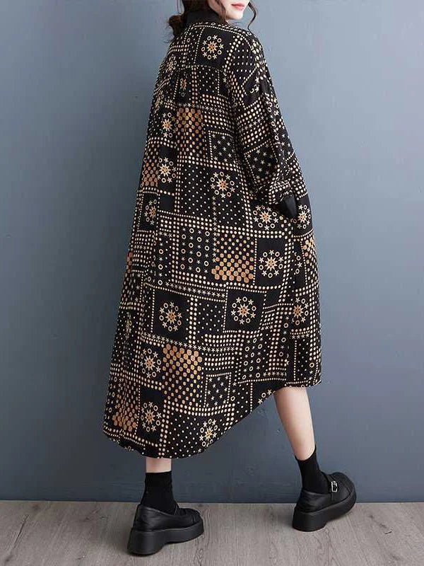 Vintage Purple Lapel Asymmetric Pattern Printed Split-Joint Long Sleeve Midi Dress