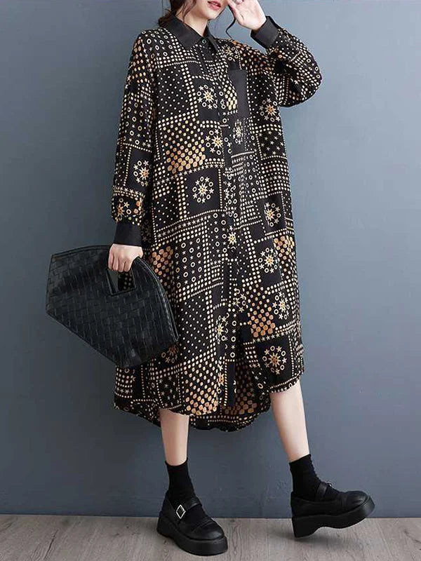 Vintage Purple Lapel Asymmetric Pattern Printed Split-Joint Long Sleeve Midi Dress