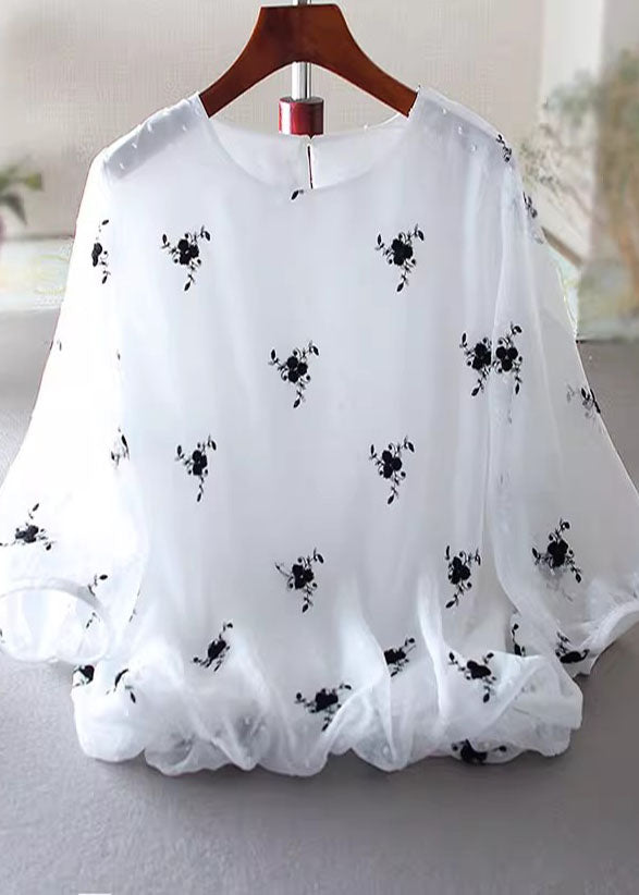 White Chiffon Blouses Embroidered Lantern Sleeve