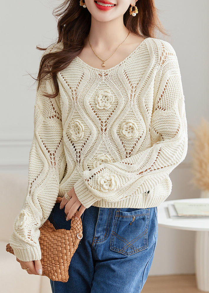 Floral Light Camel O Neck Hollow Out Knit Sweaters Fall