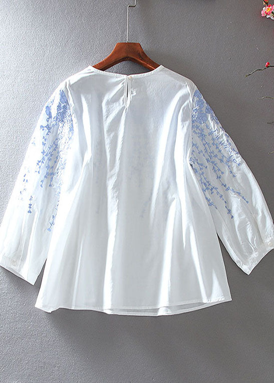 White Loose Cotton Shirts Embroidered Bracelet Sleeve