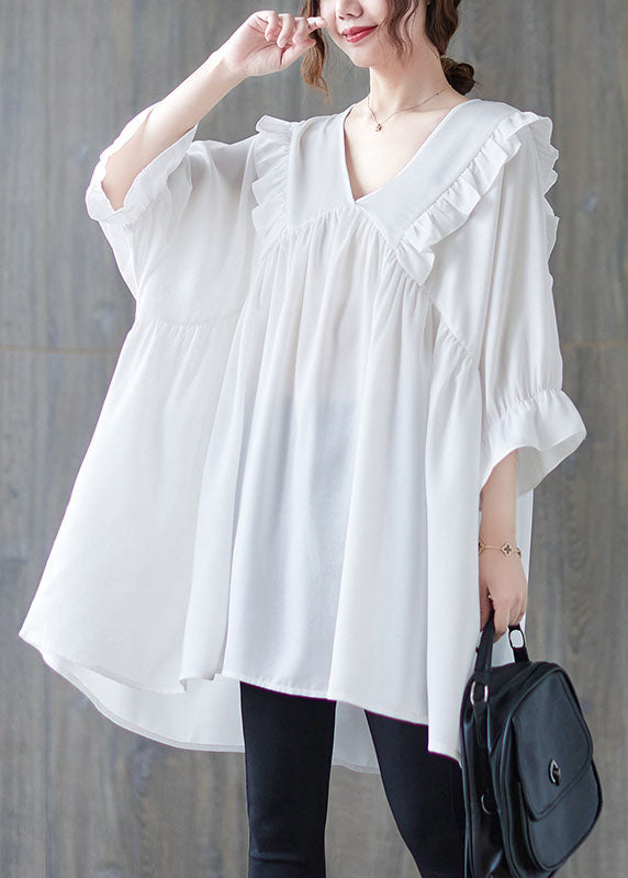 V Neck White Ruffle Patchwork Cotton Loose Shirt Top Summer