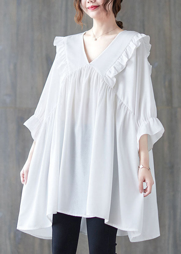 V Neck White Ruffle Patchwork Cotton Loose Shirt Top Summer