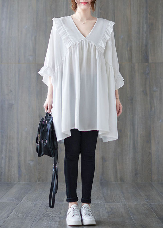 V Neck White Ruffle Patchwork Cotton Loose Shirt Top Summer