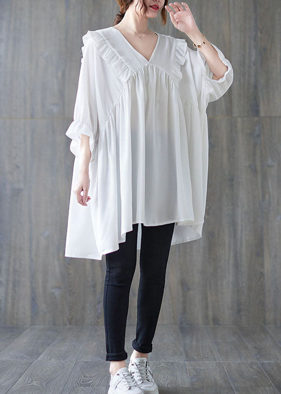 V Neck White Ruffle Patchwork Cotton Loose Shirt Top Summer