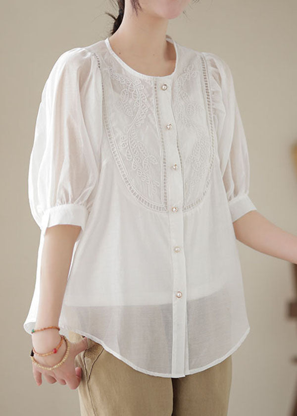 Summer fashion White patchwork embroidered wrinkle cotton shirt