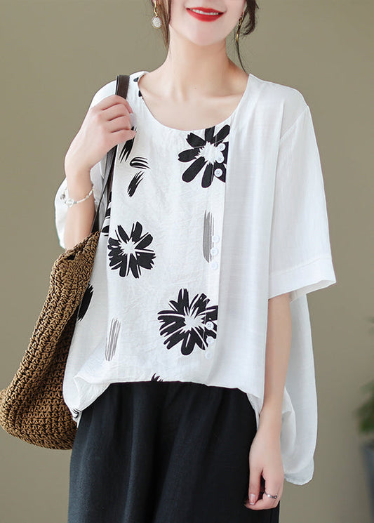 White Oversized Print Patchwork Linen Blouse Summer