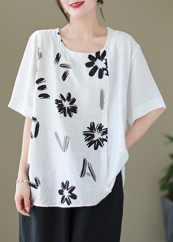 White Oversized Print Patchwork Linen Blouse Summer