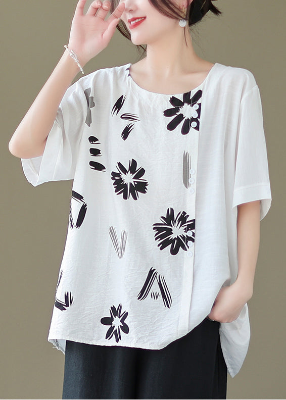 White Oversized Print Patchwork Linen Blouse Summer