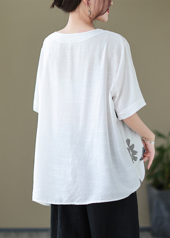 White Oversized Print Patchwork Linen Blouse Summer