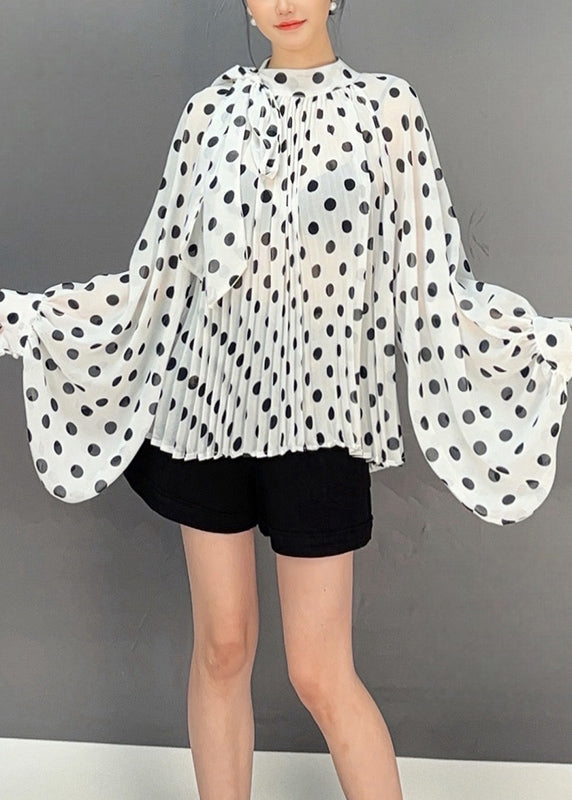 Stylish Leopard Lace Up Dot Chiffon Blouses Fall