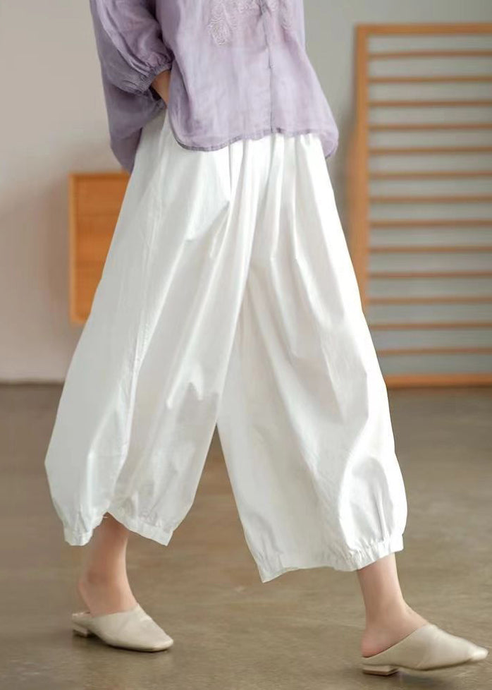 White Elastic Waist Cotton Crop Wide Leg Pants