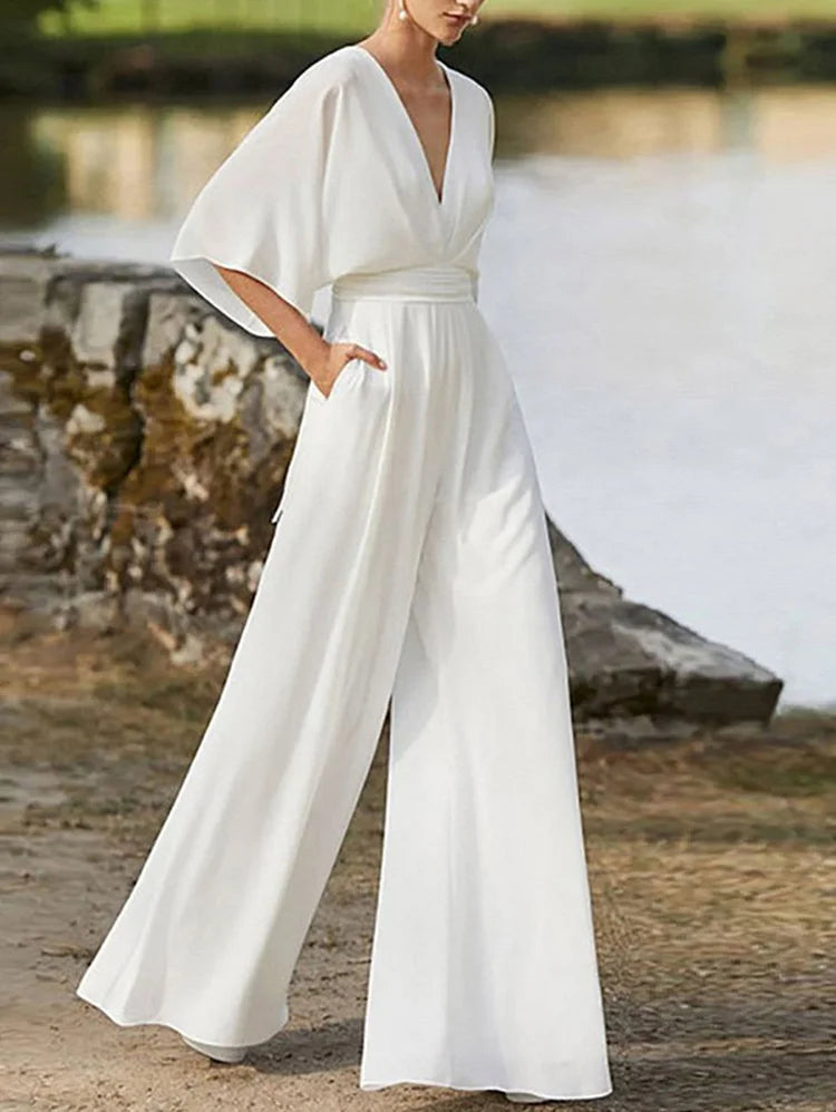 White Elegant Deep V Neck Plain Half Sleeve High Waist Wide Leg Jumpsuit