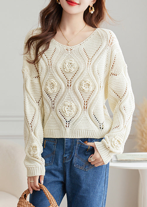 White Hollow Out Cozy Knit Fall Sweater O Neck