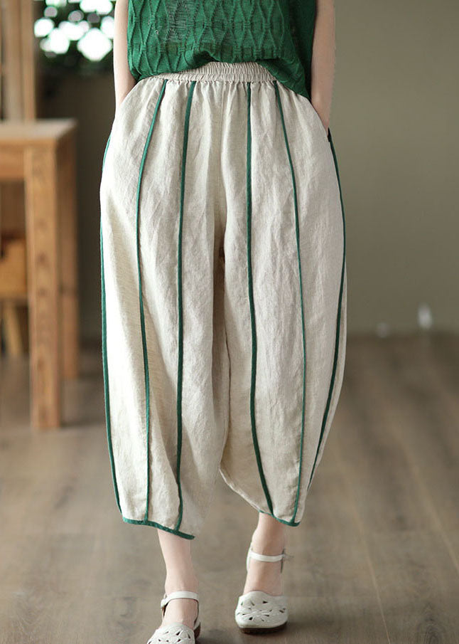 White Patchwork Linen Harem Pants Pockets Striped Summer