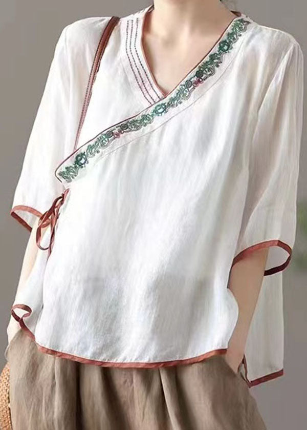 White Patchwork Linen Shirt Embroideried Lace Up Half Sleeve