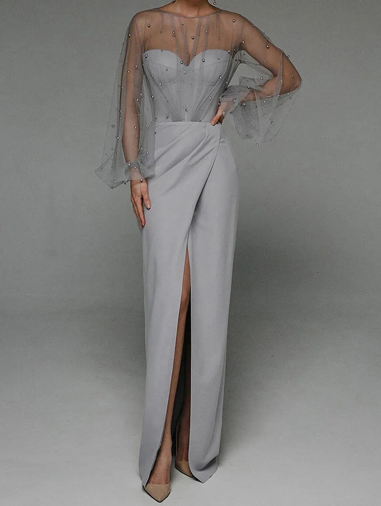 White Sexy Plain Sheer Mesh Spliced Bead Decor Split Maxi Dress