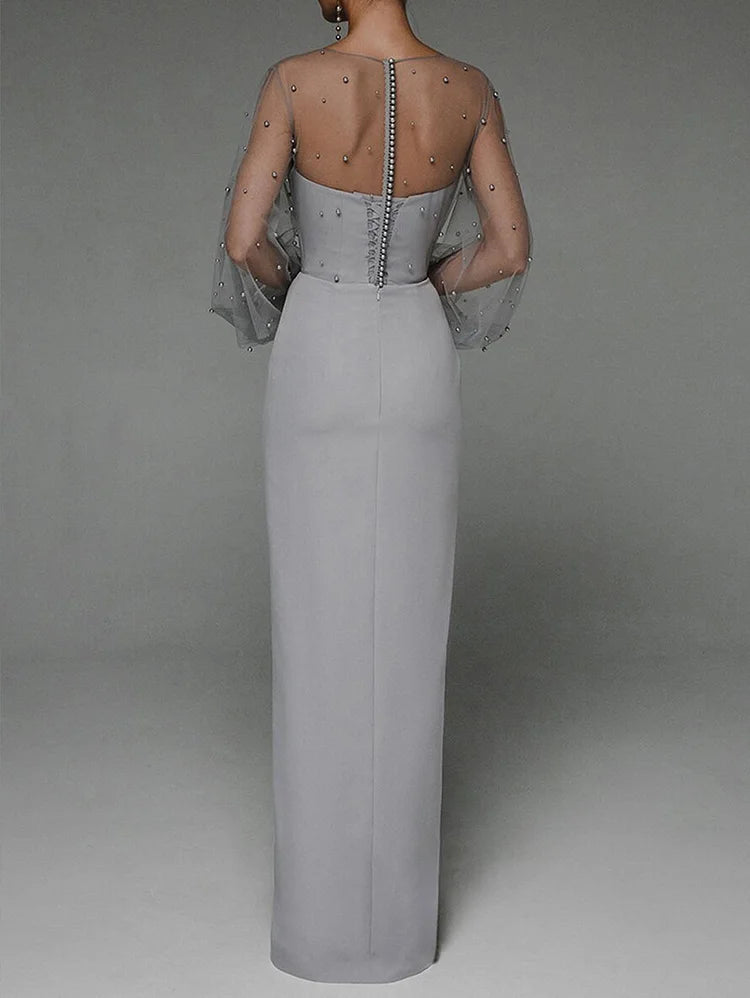 White Sexy Plain Sheer Mesh Spliced Bead Decor Split Maxi Dress