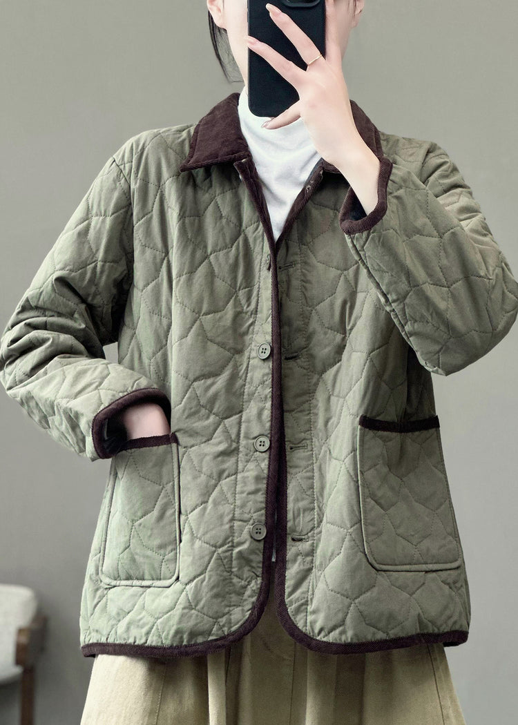 Women Army Green Peter Pan Collar Pockets Fine Cotton Filled Jackets Winter