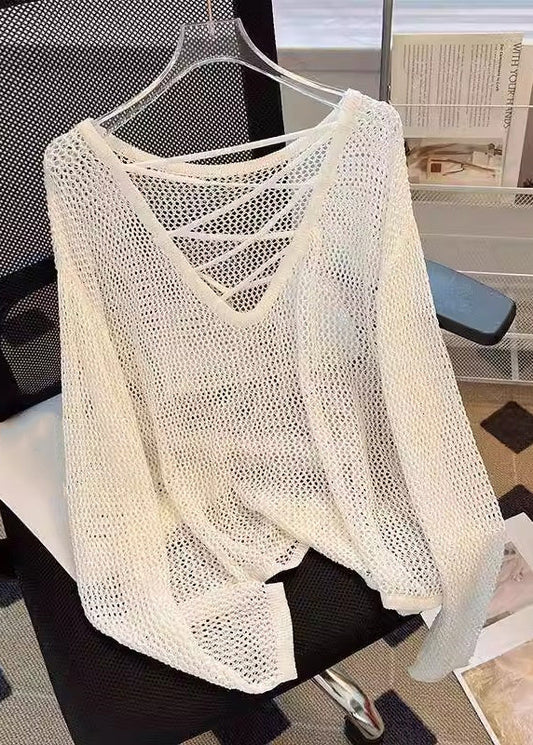 Women Beige Hollow Out Solid Knit Tops Summer