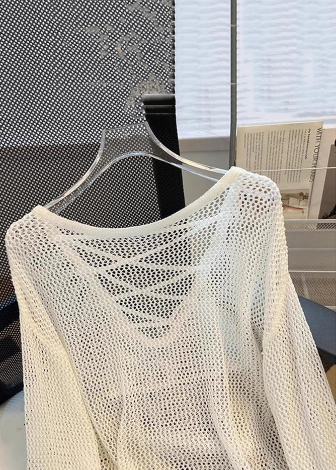 Women Beige Hollow Out Solid Knit Tops Summer
