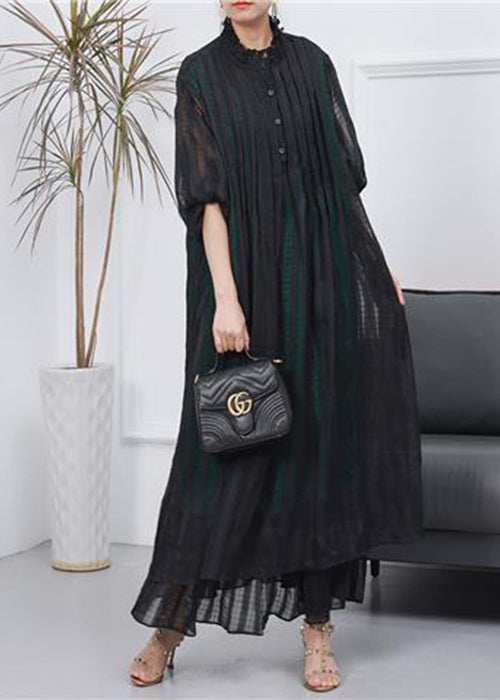 Women's Black Oversized Crinkled Cotton Long Dress Spring