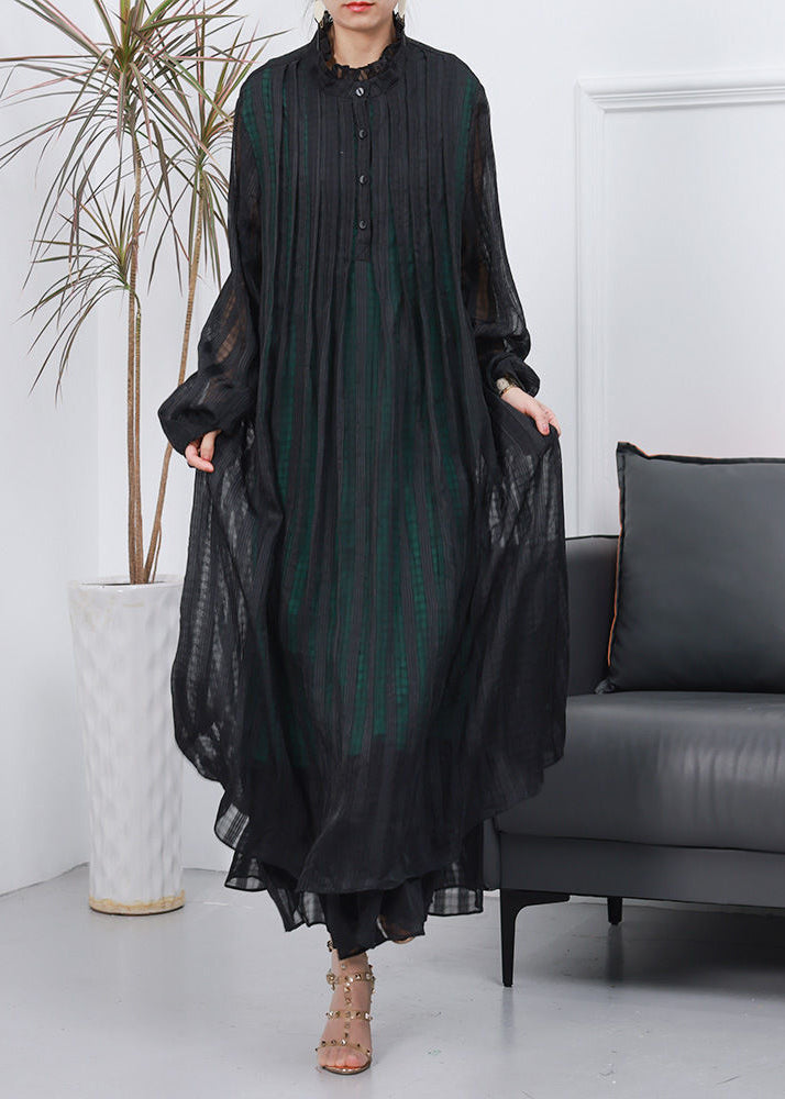 Women's Black Oversized Crinkled Cotton Long Dress Spring