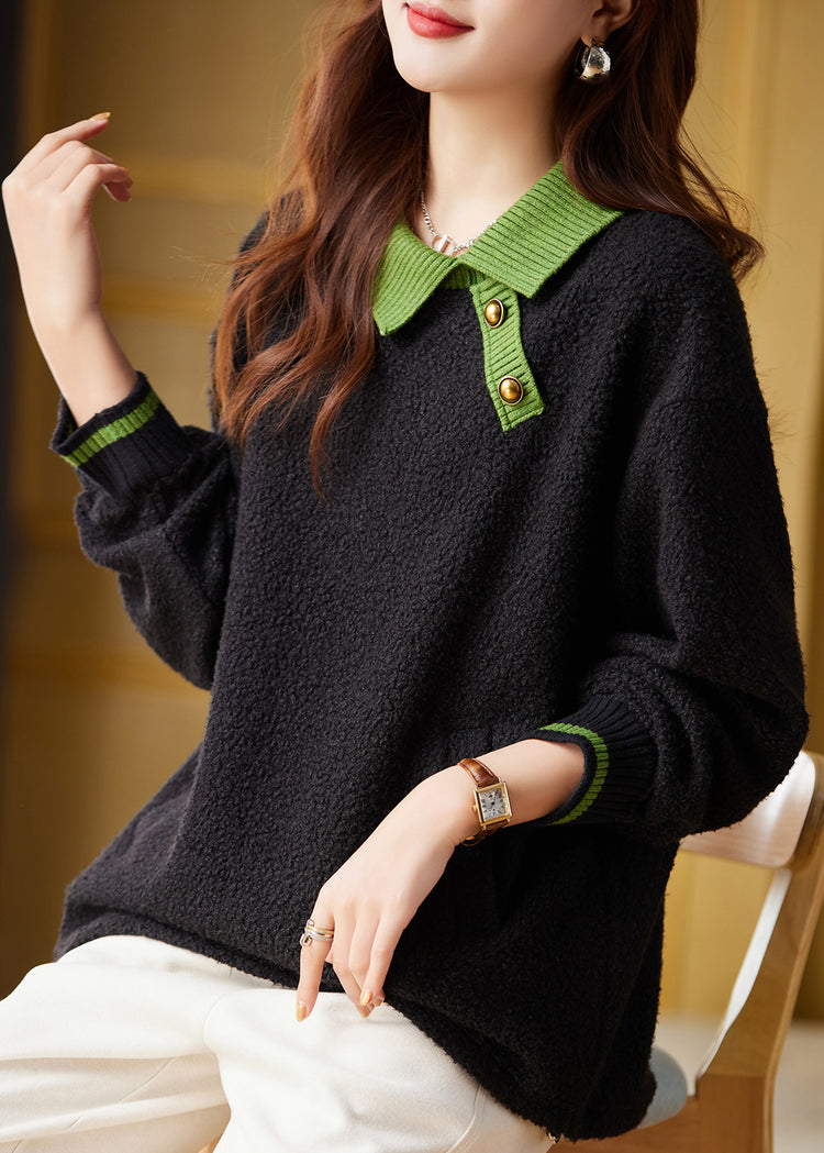 Women Black Peter Pan Collar Faux Fur Pullover Sweatshirt Fall