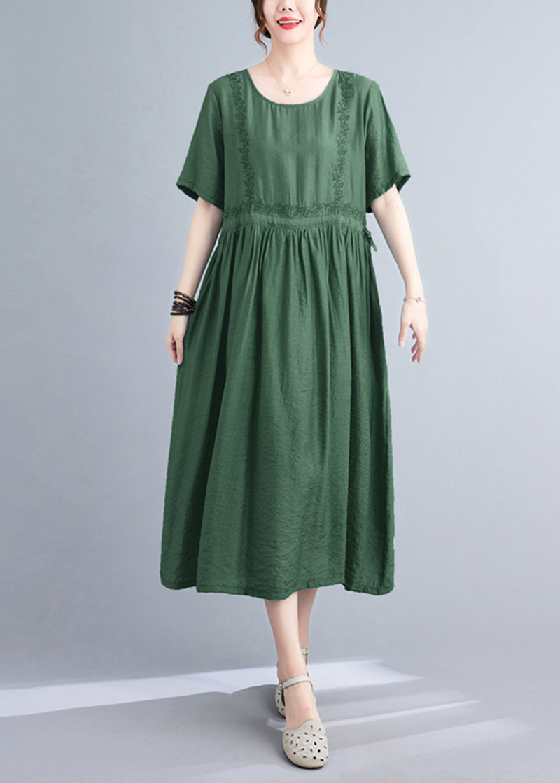 Blackish Green Cinched Embroidered Linen Silk Ladies Summer Dress