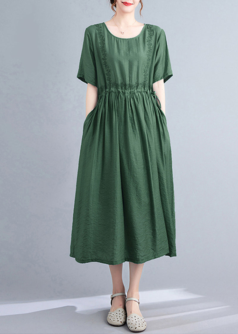 Blackish Green Cinched Embroidered Linen Silk Ladies Summer Dress