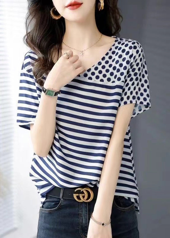 Women Blue O Neck Striped Dot Patchwork Silk Top Summer