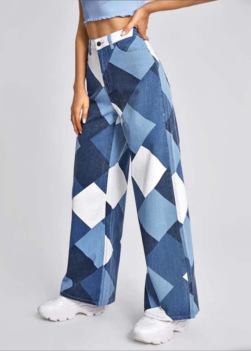 Women's summer blue oversized plaid denim straight-leg pants