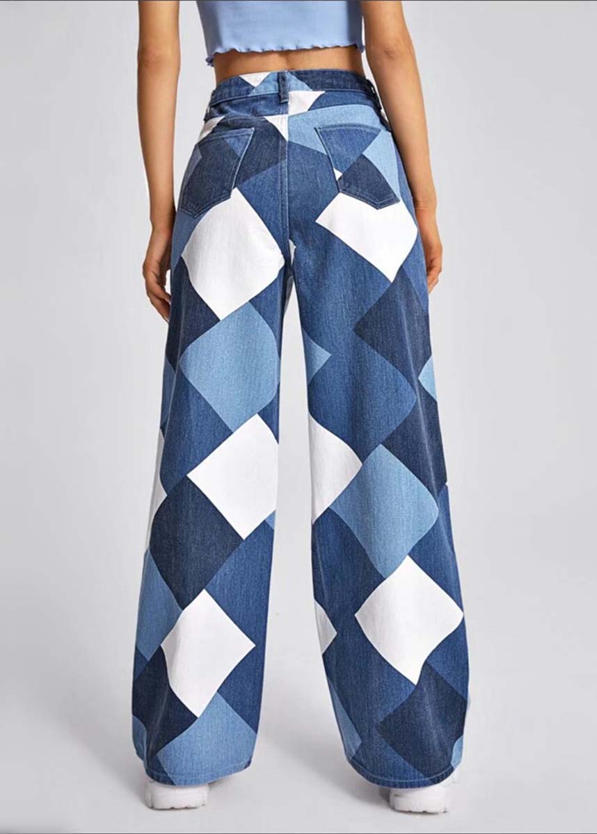 Women's summer blue oversized plaid denim straight-leg pants