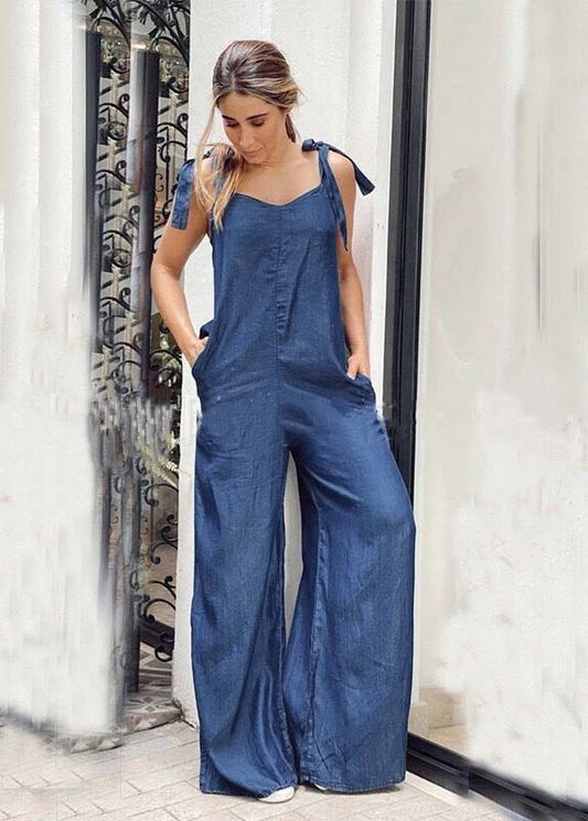 Blue Oversized Pockets Denim Wide Leg Women's  jumpsuit Summer