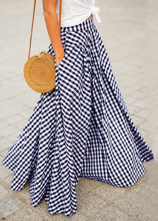 Women Blue Plaid Draping High Waist Maxi Skirt Summer