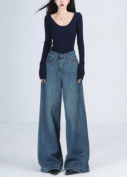 Women Blue Pockets High Waist Denim Wide Leg Pants Winter