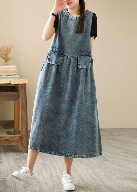 Blue Pocket Patchwork Wrinkled  Denim Dress Summer