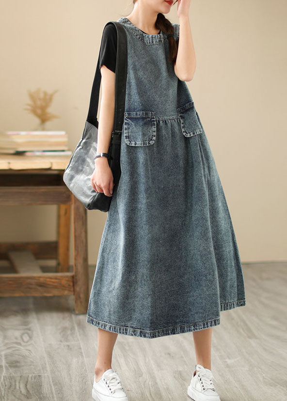 Blue Pocket Patchwork Wrinkled  Denim Dress Summer