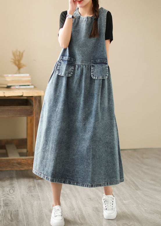 Blue Pocket Patchwork Wrinkled  Denim Dress Summer