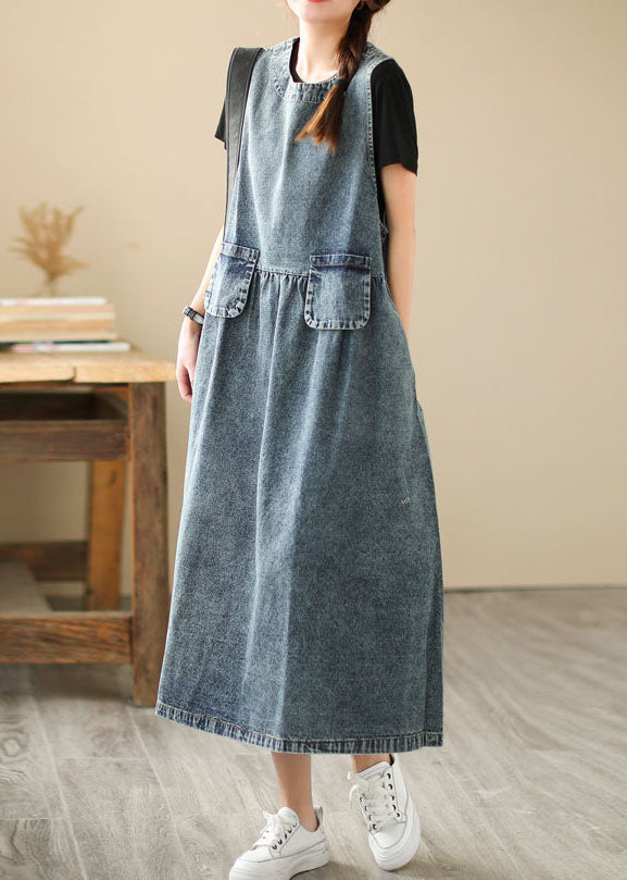 Blue Pocket Patchwork Wrinkled  Denim Dress Summer