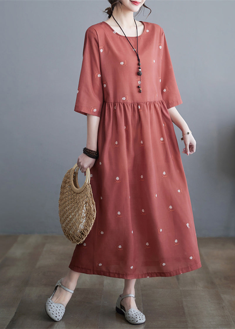 Women Brick Red Printed Cinched Linen Half Sleeve Dress