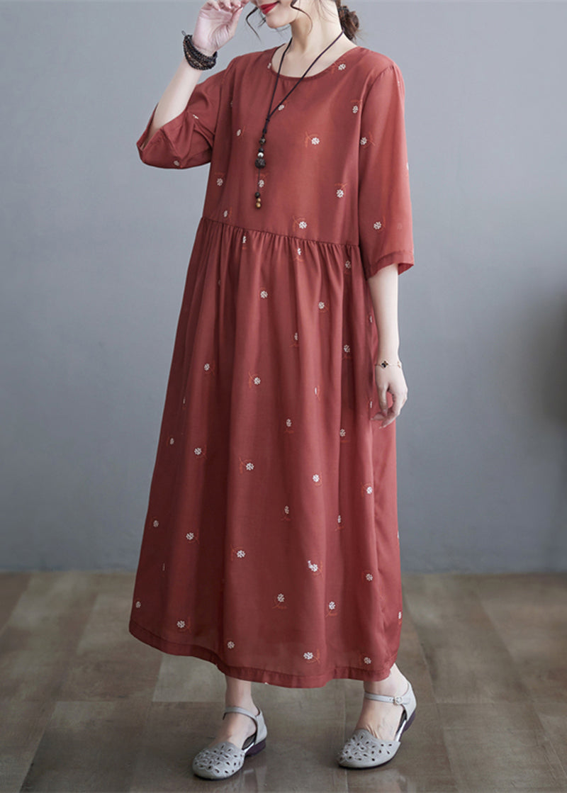 Women Brick Red Printed Cinched Linen Half Sleeve Dress