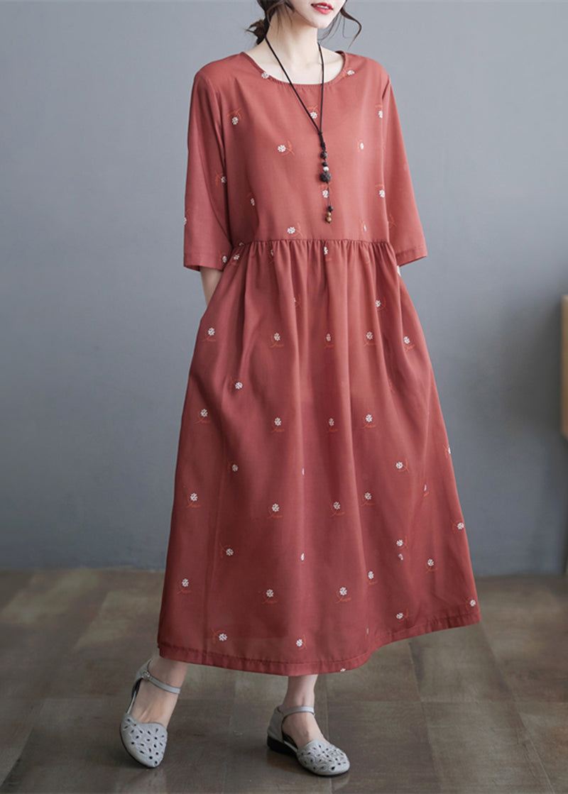 Women Brick Red Printed Cinched Linen Half Sleeve Dress