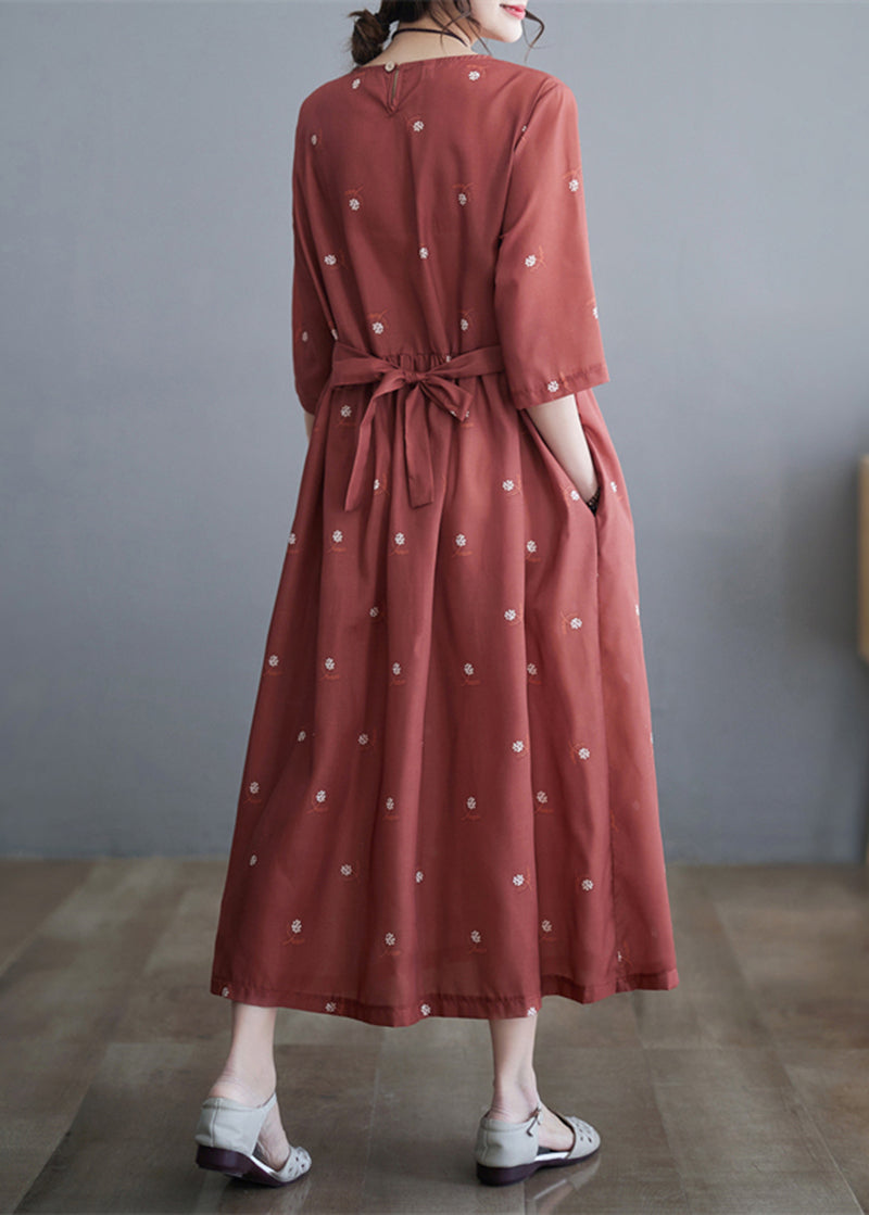 Women Brick Red Printed Cinched Linen Half Sleeve Dress