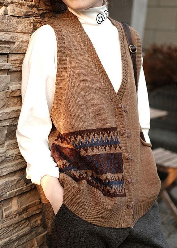 V Neck Chocolate Button Pocket Sleeveless Women Waistcoat