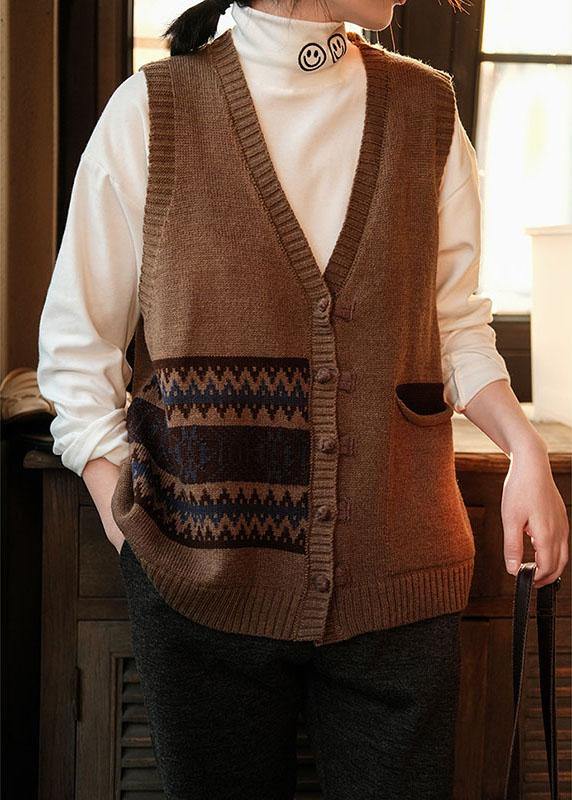 V Neck Chocolate Button Pocket Sleeveless Women Waistcoat