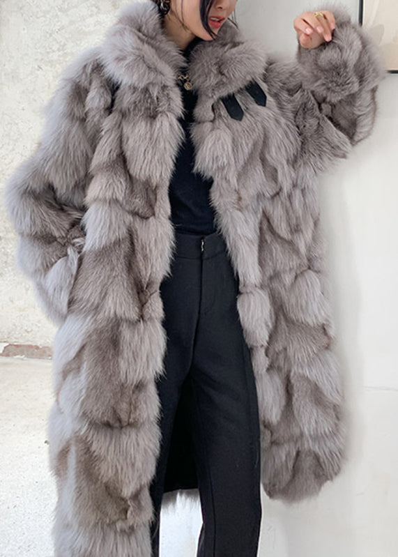 Women Coffee Fox collar Pockets Leather And Fur Long Coats Winter