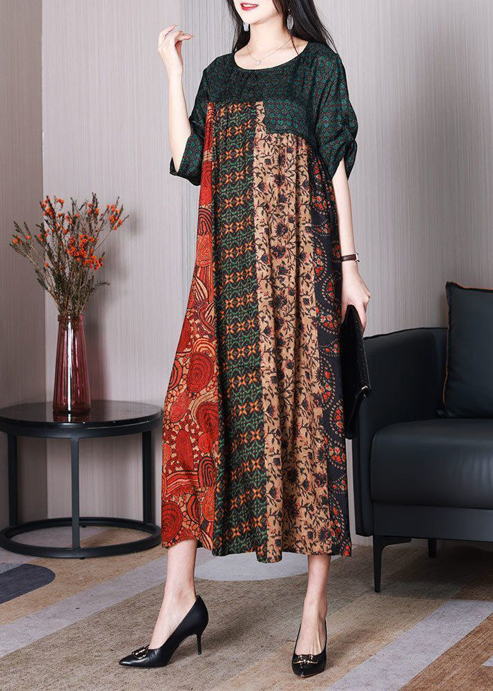 O Neck Women's Colorblock Oversized Patchwork Silk Dresses Summer